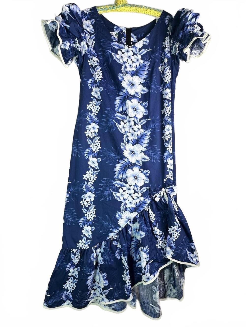 Two Palms  Blue Hawaiian Mumu House Luau Dress Floral Ruffle Asymmetrical L NWT